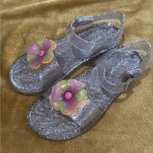 Cat & Jack Silver Glitter Flower Jelly Sandals - Kids Girls Size 12